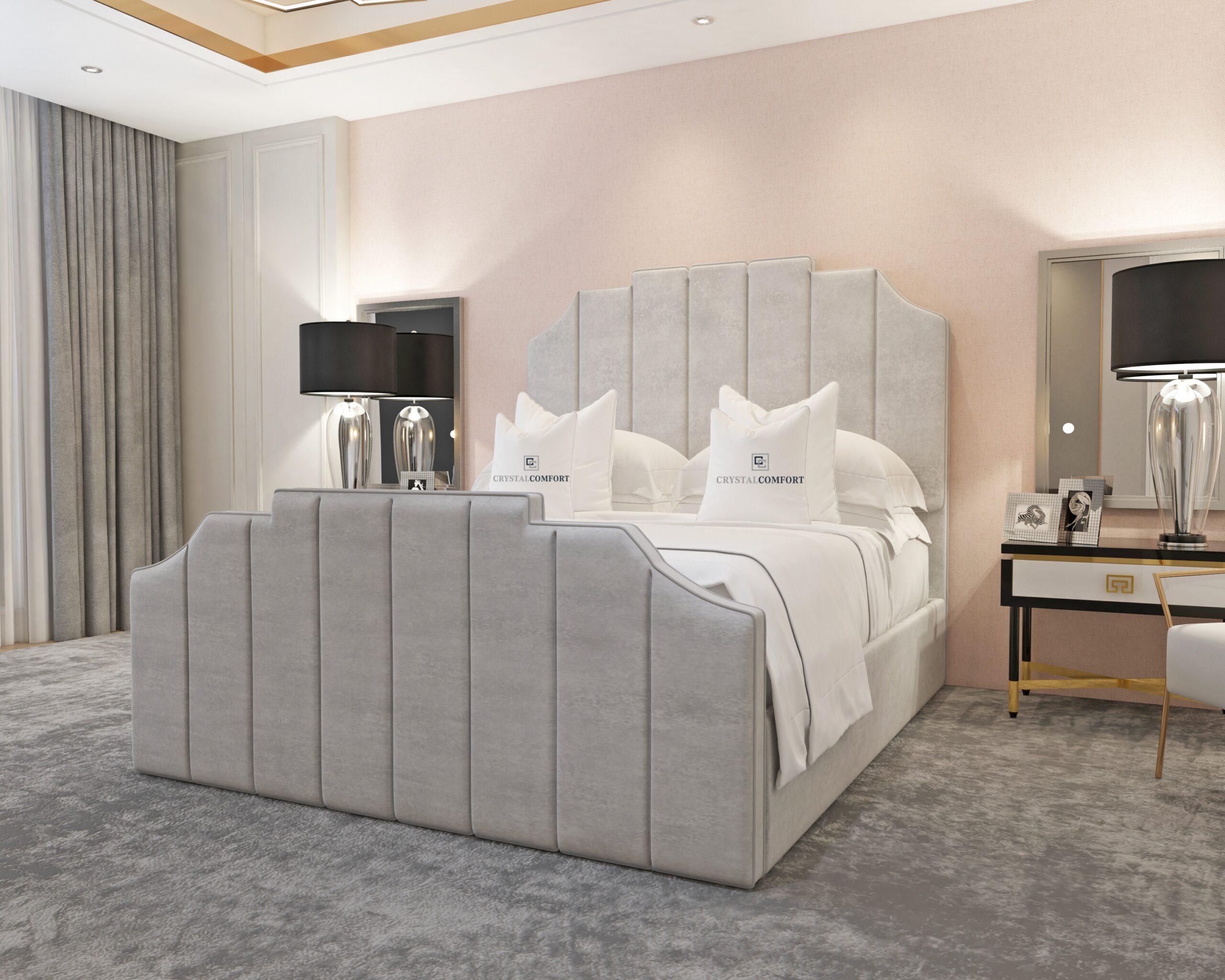 Isabella Sleigh Bed – Plush Velvet Silver